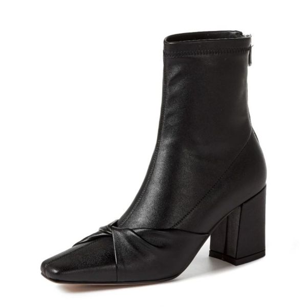 

new women stretch sock ankle boots zipper square toe thick heel party shoes winter footwear size 34-39, Black