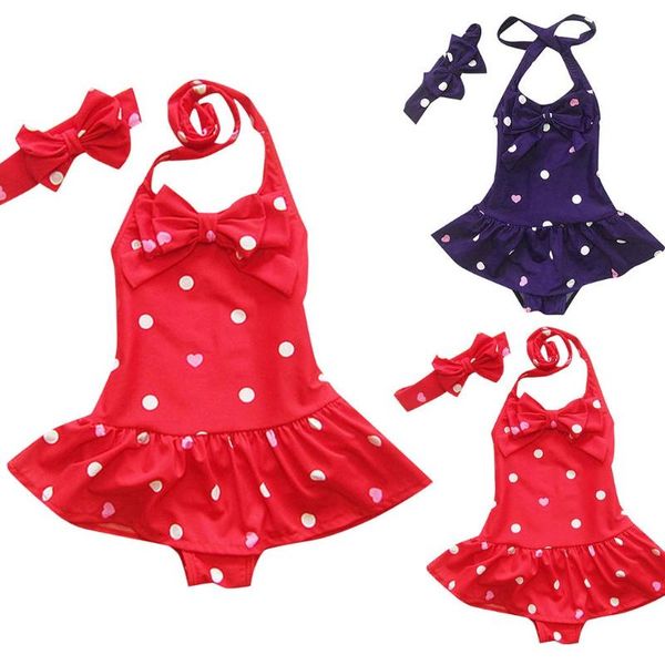 

kids swimwear for girls dress with headband polka dot halter one piece swimsuit baby bikini summer beach party bathing suit 20mr, Black