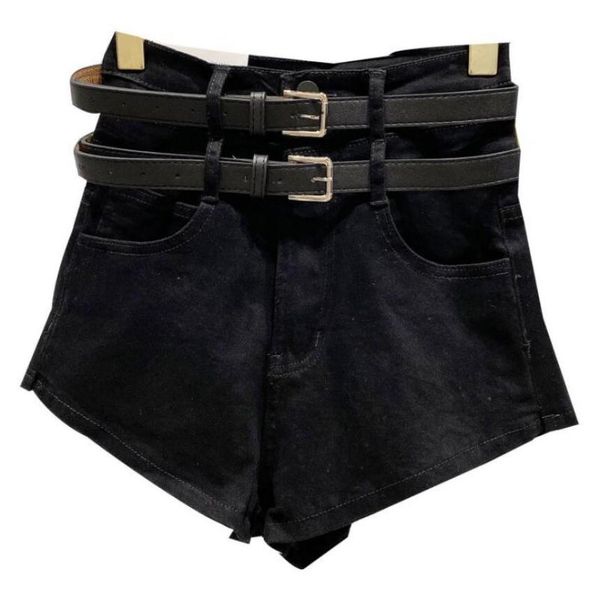 

women's shorts 2021 summer fashion streetwear patchwork solid double-layer belt slim high waist denim women s626, White;black