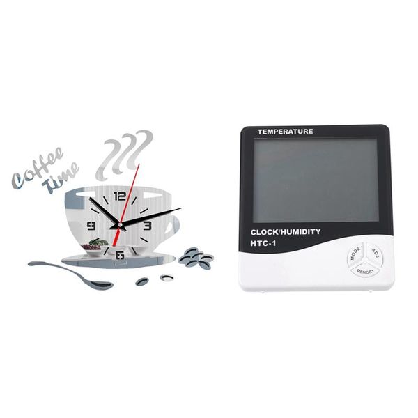 

digital lcd temperature and humidity meter clock alarm & 3d frameless wall clock diy wall decoration coffee cup