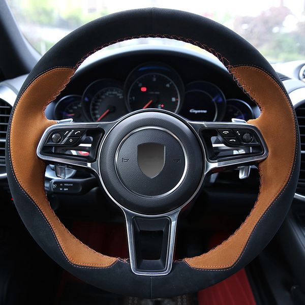 DIY Custom Hand-Stitched Couro Camurça Capa de volante para Porsche Cayenne Macan Panamera Acessórios para Carro Interior Modificado