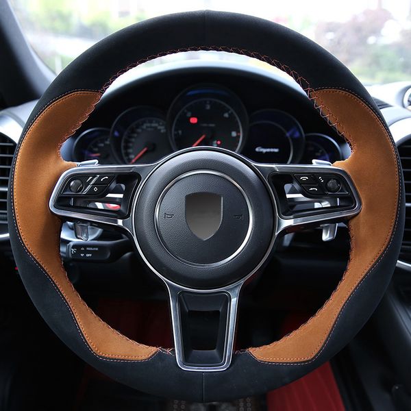 

diy custom hand-stitched leather suede steering wheel cover for porsche cayenne macan panamera modified interior car accessories
