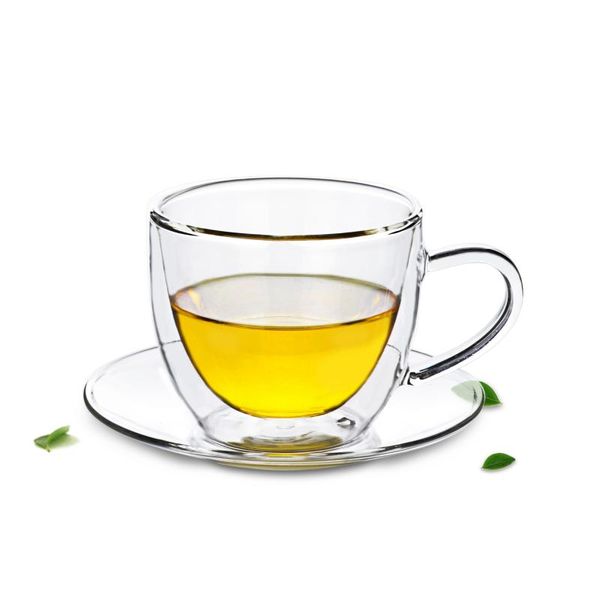 

mugs heat proof double wall transparent glass tea coffee cup w/ handle + saucer