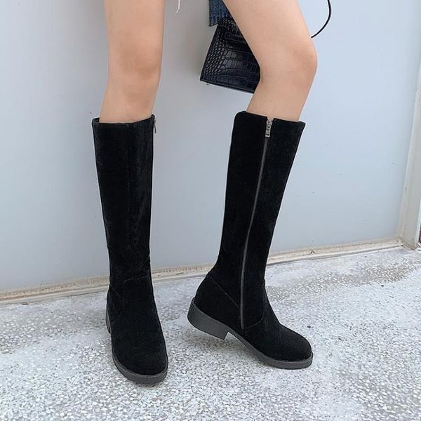 

boots women's frosted slope heel in autumn and winter thin flat bottomed high below the knee plush medium, Black