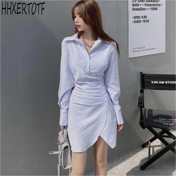 

spring elegant stripe splicing irregular women dress long sleeves mini dresses vestidos plus size 210531, Black;gray