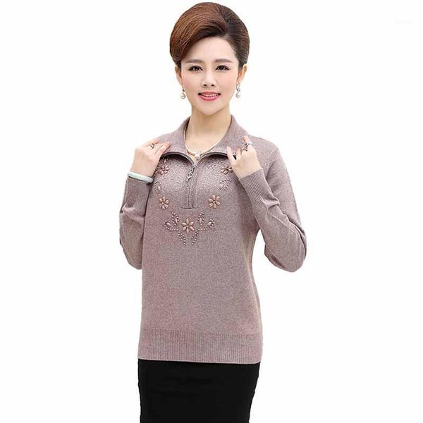 

women's sweaters 2021 middle aged female knit half zipper diamonds pullover women fashion stand collar long sleeve casual g465, White;black