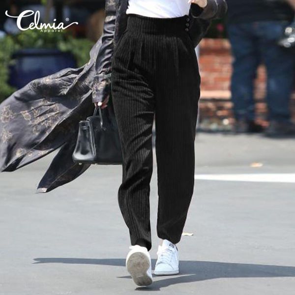 

women's pants & capris 2021 celmia women solid corduroy winter pockets harem long trousers loose high waist vintage casual office panta, Black;white