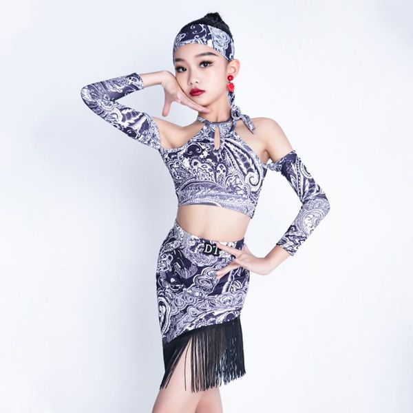 

stage wear fringe latin dance skirt set girls ballroom practice designer clothes costume dancer outfit tango dancewear, Black;red