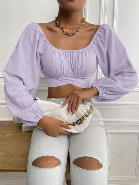 

ruched knot back crop blouse u05y#, White