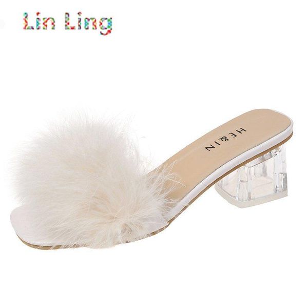 

slippers clear women shoes woman mules summer fur slides peep toe square high heels transparent plus size, Black