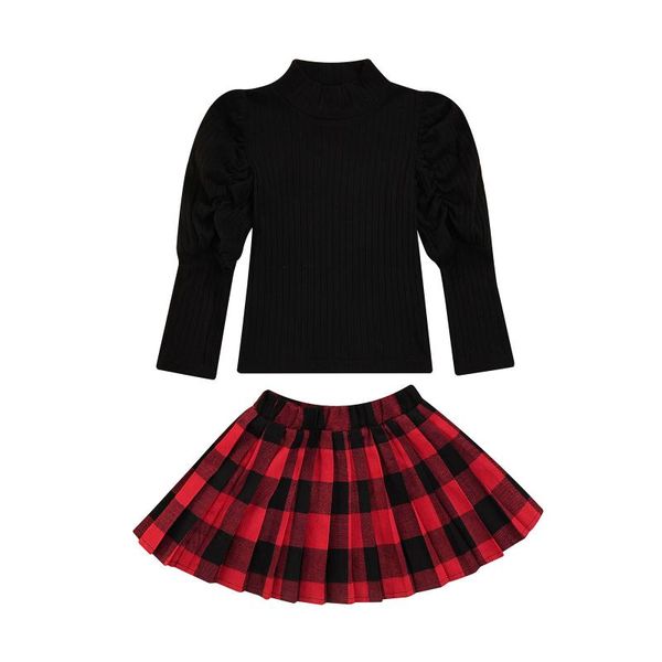 

clothing sets toddler baby girl christmas outfits knit ruffle long sleeve sweater with plaid pleated mini skirt 2pcs clothes set, White