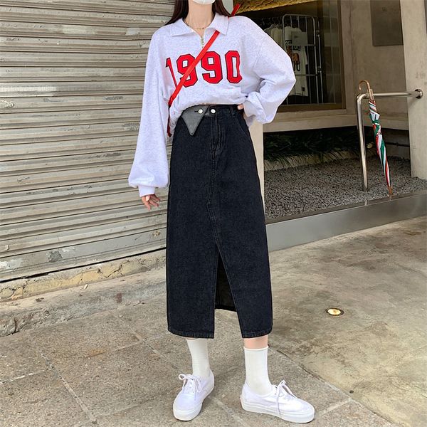 

skirts denim female 2021 korean dign feeling slim a-word spice girl bag hip black high waist split skirt