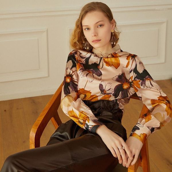 

95% silk blouse woman casual style flower printed stand neck long sleeve simple design elegant office fashion women's blouses & shirts, White
