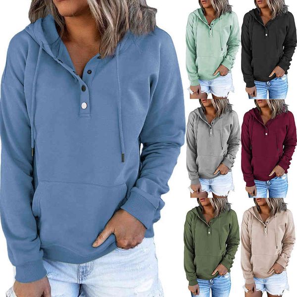 

women's 2021 long sve loose casual hooded drawstring pocket sweater, Black