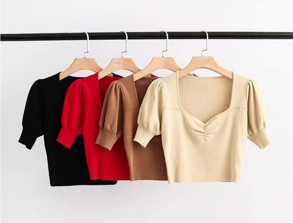 

New Vintage Ruched V neck Short Puff sleeve Knitting T-shirt Woman Slim Fit Knitted t shirt tight tee Retro Tops 4 colors, White