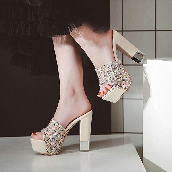 

slippers women's floral thick-heel platform sandals and high-heeled shoes open-toe, Black