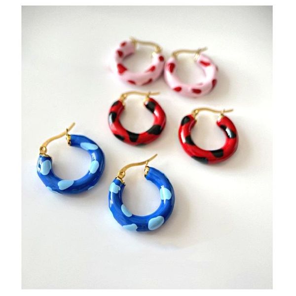 

hoop & huggie 2021 handmade colorful dripping oil retro titanium steel earrings geometric thick circle for women girls party jewelry, Golden;silver