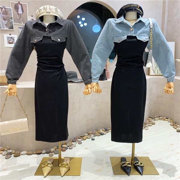 

casual dresses women's clothing 2021 autumn retro color contrast design sense denim stitching fake two-piece temperament slim dress, Black;gray