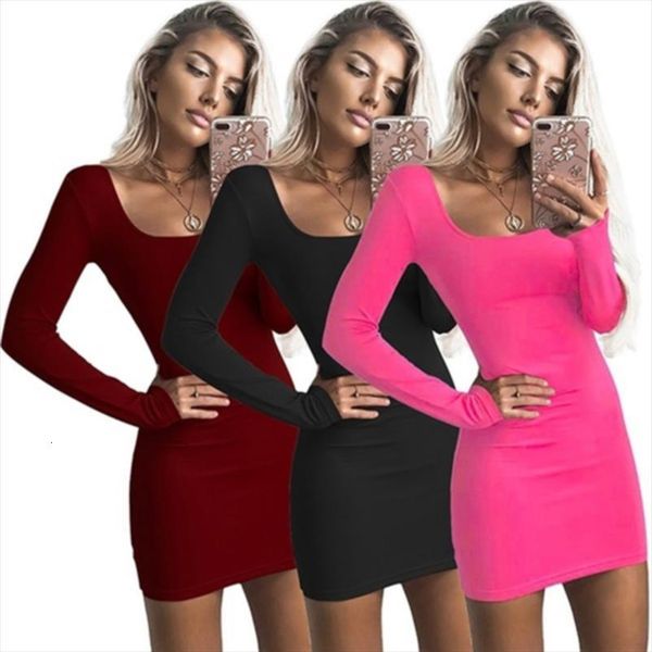 

long sleeve bodycon club womens dresses autumn basic solid square neck wine red black woman mini winter, Black;gray