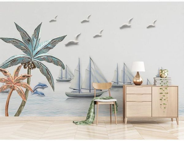 

xue su large custom mural wallpaper nordic modern minimalist 3d relief mediterranean boat background wall