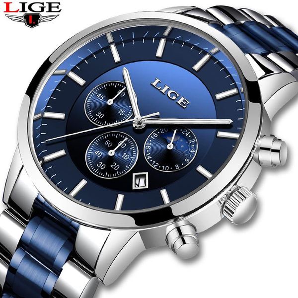 

wristwatches lige brand mens watches stainless steel waterproof sport chronograph quartz watch men luxury business clock male 2021, Slivery;brown