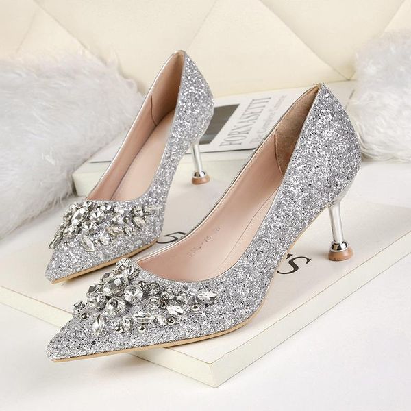 

dress shoes women pumps high heels fashion kitten female rhinestone pointed toe crystal wedding designer brand, Black
