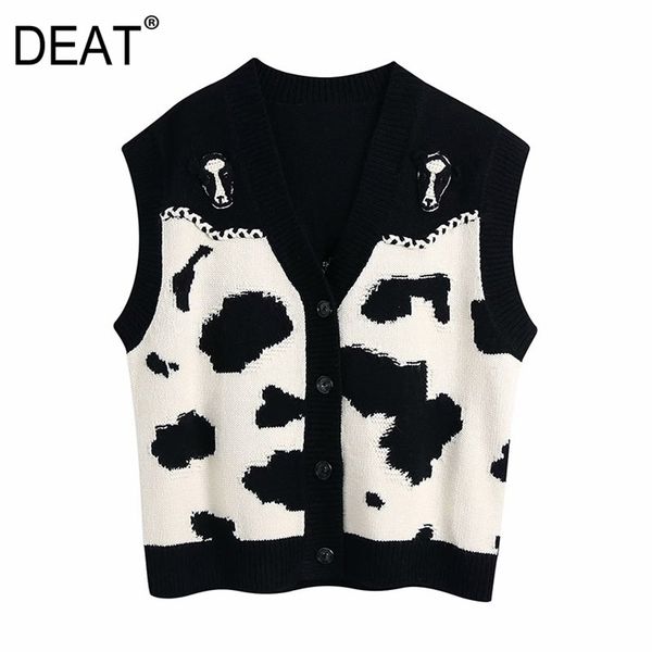 

[deat] fashion spring autumn sleeveless v-neck animal pattern single-breasted knitting sweater vest 13c208 210527, Black;white