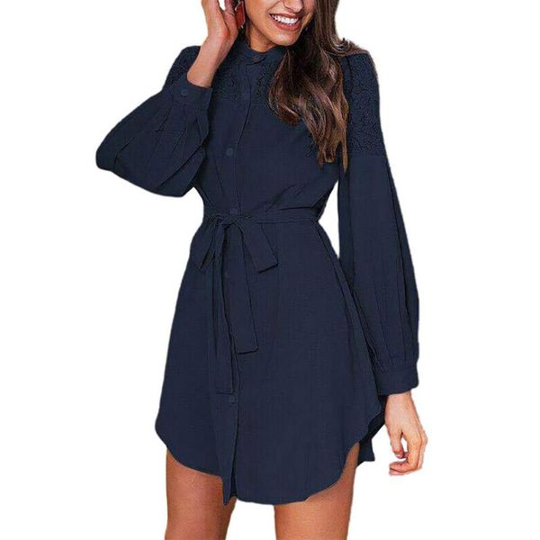 

women autumn winter puff sleeve buttons lace patchwork belt shirt a-line dress women lace patchwork belt shirt a-line dress, Black;gray