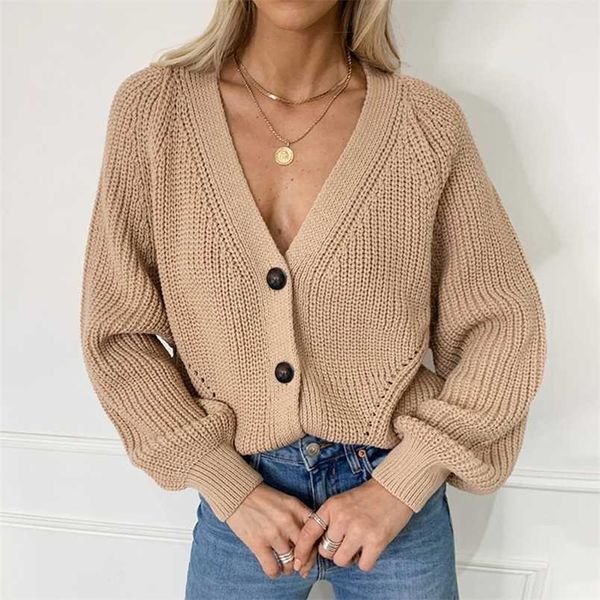 Mulheres Zoki Malha Cardigans Sweater Moda Outono Manga Longa Casaco Solto Botão Casual Grosso V Neck Feminino Sólido Tops 211007