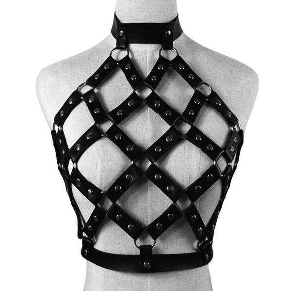 

belts women pu leather suspender body harness gothic lingerie adjustable bondage holographic chest belt, Black;brown