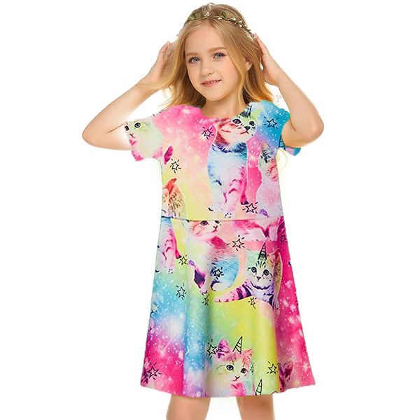 

colorful dress short-sleeved printed dress children's casual dress a-line skirt knee-length simple, elegant and colorful 5-15 years old, Red;yellow