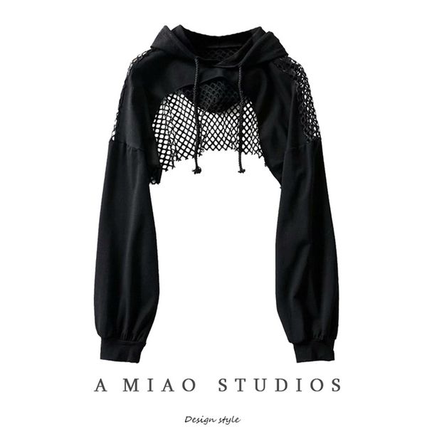 

super fire style hollow mesh stitching smock hooded loose long sleeves with sweater top, Black