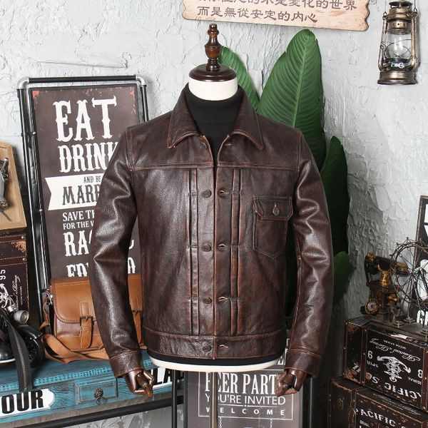 

men's leather & faux amekaji classic used first layer cowhide lapel work clothes coat jacket, Black