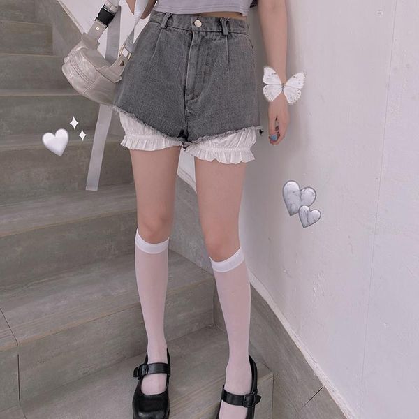 

women's summer new loose harajuku shorts girls high waist fake two pieces ruffle straight shorts vintag casual slim denim, White;black