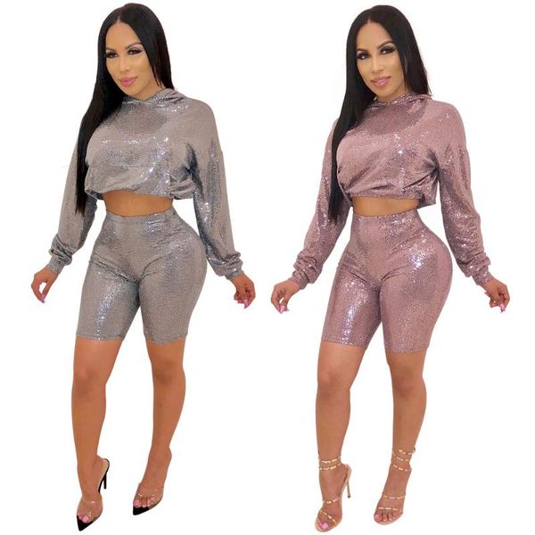 

women shiny long sleeve hoodie skinny shorts sets, Gray