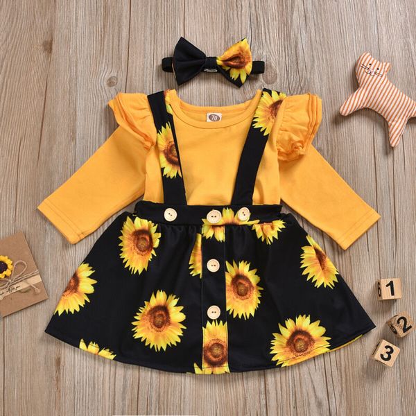 

baby girls sunflower floral romper toddler bib dress newborn headband outfits girl sundress clothes set, White