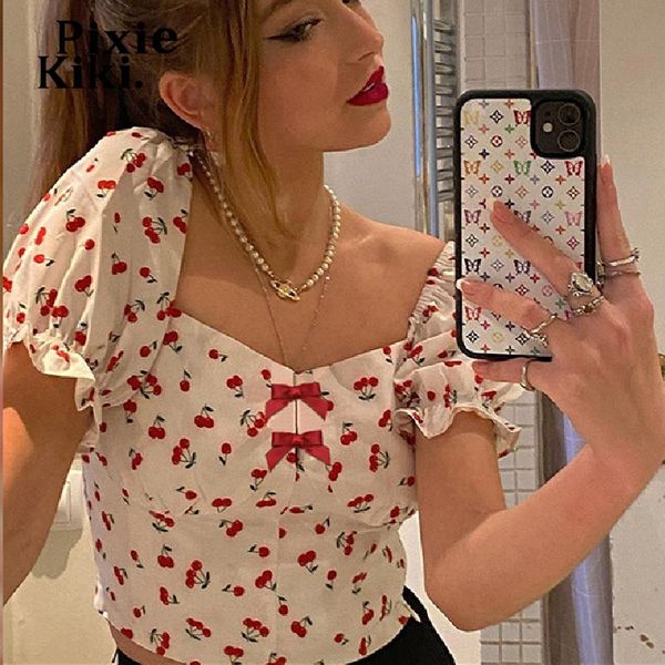 

women's t-shirt pixiekiki cute print bow t shirt kawaii summer clothes for women vintage puffy short sleeve square neck crop p71-cz10, White