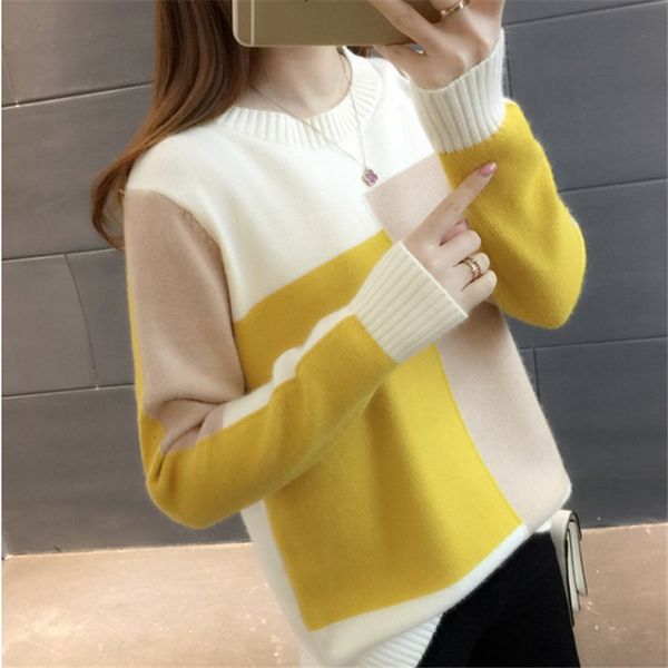 

autumn winter korean style short loose contrast color sweaters women o-neck long sleeve jumper pullover knitted sweater female 32o1, White;black