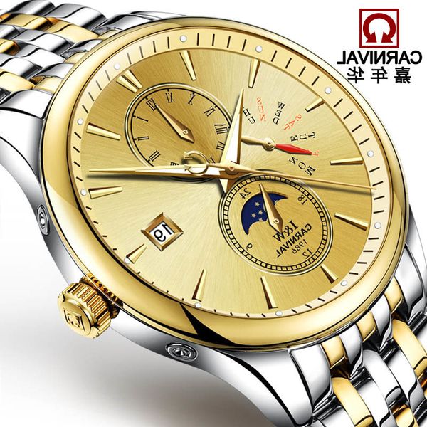 

switzerland carnival moon phase men watches brand luxury waterproof automatic mechanical watch full steel montre homme uhren, Slivery;brown