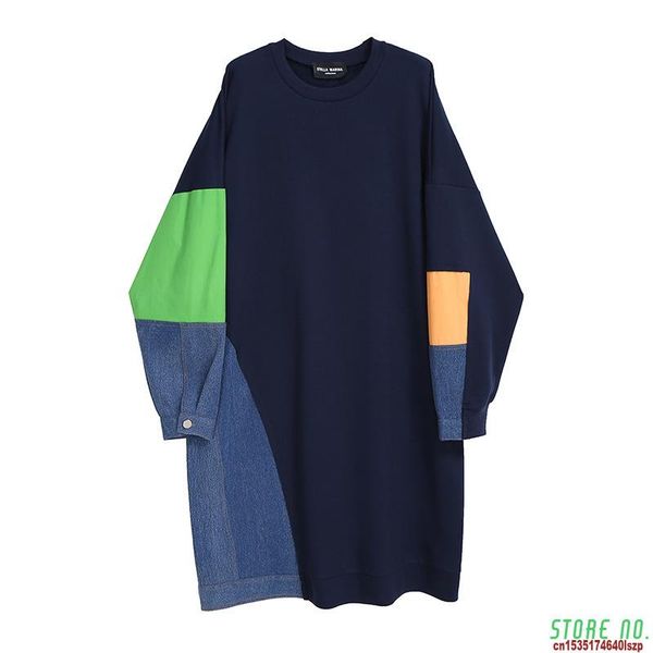 

casual dresses 2021 spring loose patchwork denim dress women, Black;gray