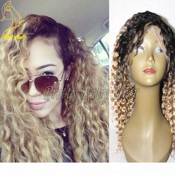 

brazilian blonde ombre lace front human hair wigs curly glueless full lace wig two tone #1b 27 human hair wig with baby hair, Black;brown