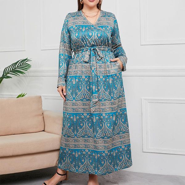 

plus size dresses vintage elegant print full sleeve v-neck maxi dress, Black