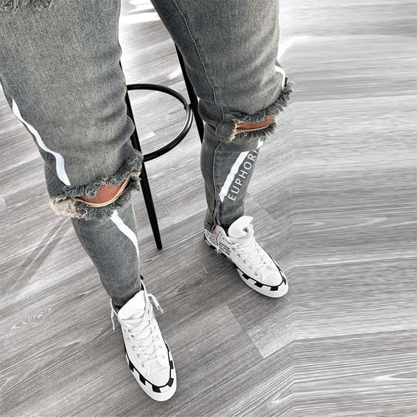 

men's jeans white letter print skinny ripped for men pencil pants stripe hip-hop hole slim fashion slim-fit casual denim trousers 2021, Blue