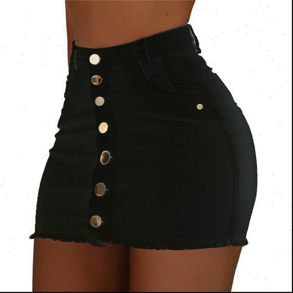 

2021 fashion women stretch high waist solid skirt summer button denim short mini jeans slim flit pencil skirts, Black