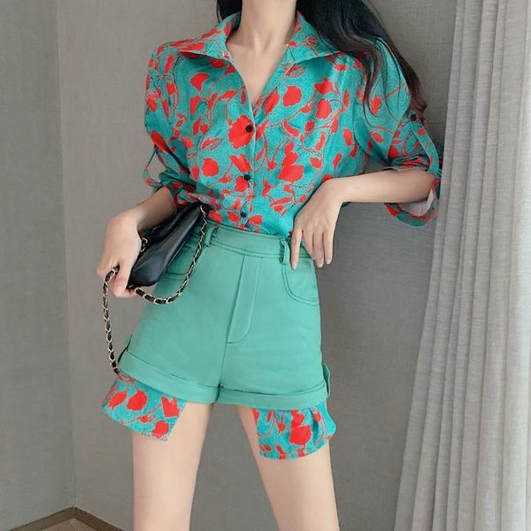 

2021 summer new fashion printing irregular waist shirt jacket+high waist solid color leisure wide leg shorts set bw7.9, Gray