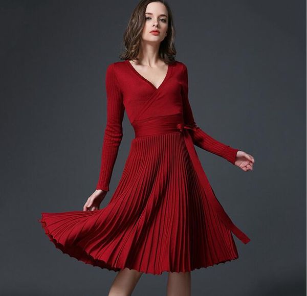 

casual dresses women spring est v-neck pleated knitted knee length dress with belt fashion elegant long sleeve solid color slim, Black;gray