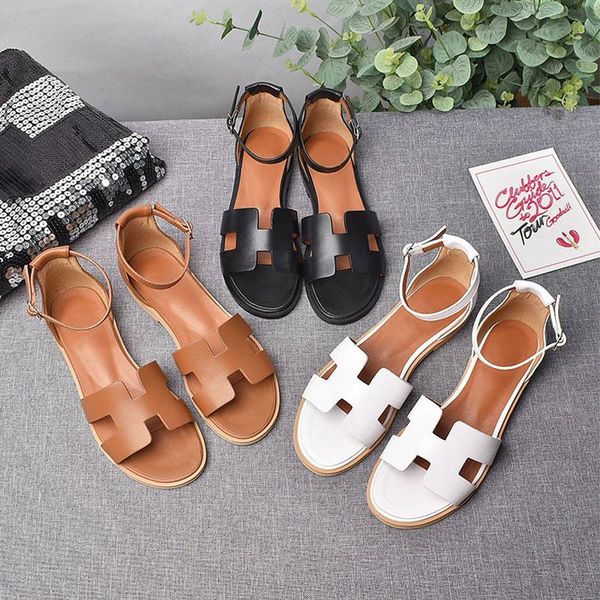

sandals genuine leather ankle strap women peep toe summer flat shoes ladies sandalias de tacon sapatos mujer big size, Black