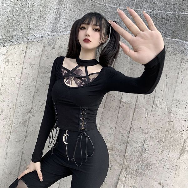 

bodycon black long sleeve gothic pentagram hollow out halter autumn bandage slim casual streetwear, White
