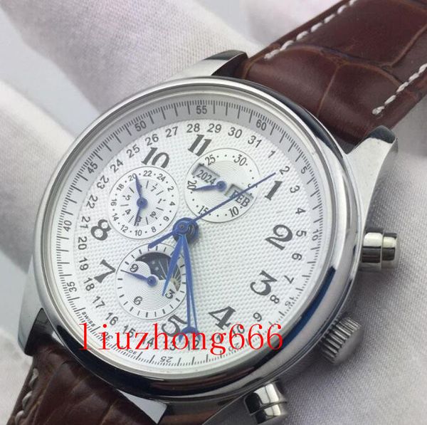 

1pcs retail luxury mens automatic mechanical moon phase watch 40mm dual time zone through-bottom stainless steel casual fashion business men, Slivery;brown