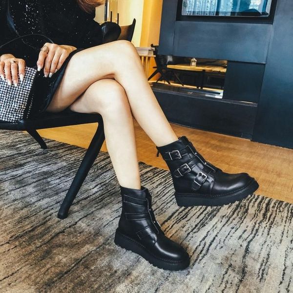 

boots muffin thick 2021 autumn korean short boot layer cowhide bottom belt buckle back zipper low rise, Black